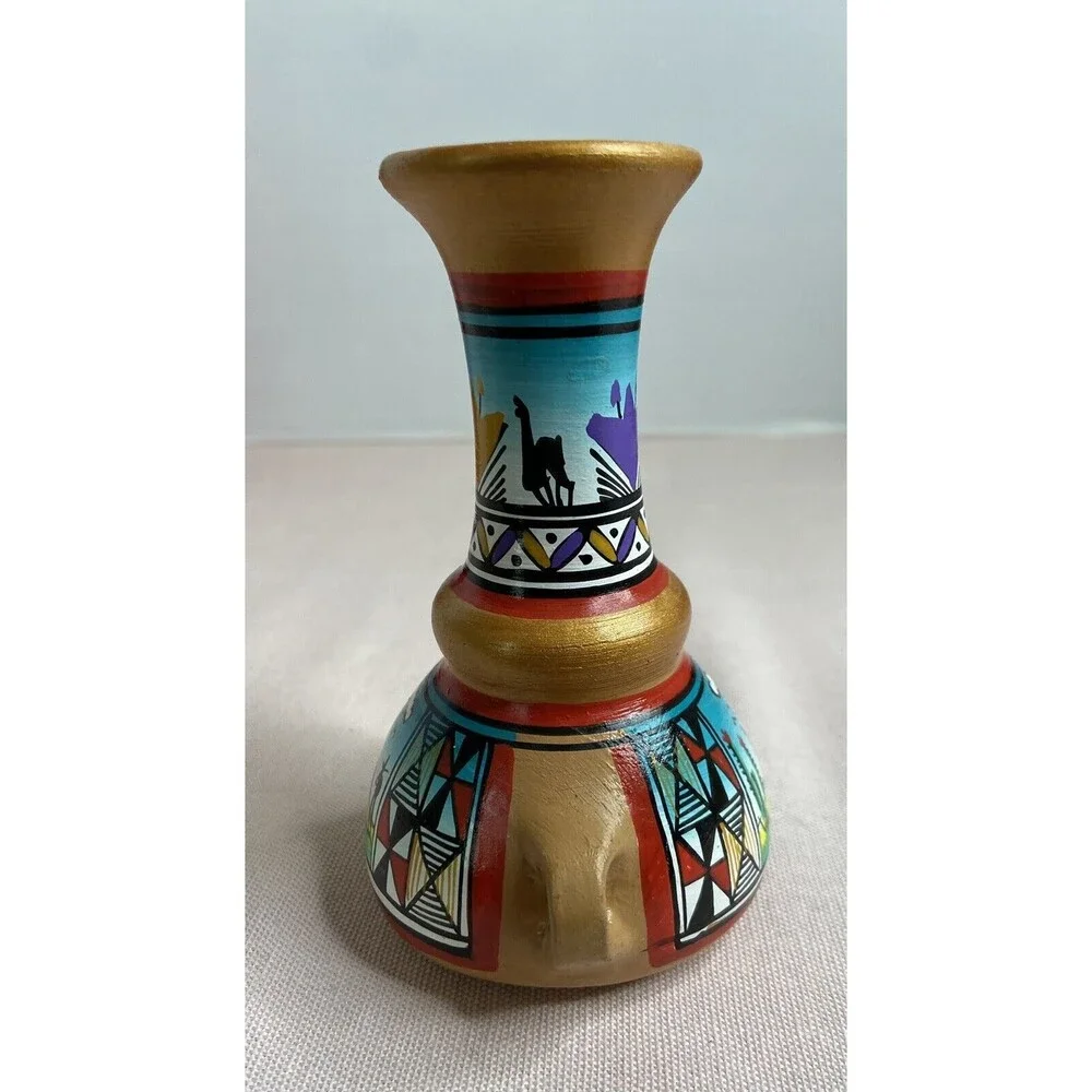 Terracotta Pottery Vase Hand Painted Colorful  5” Tall